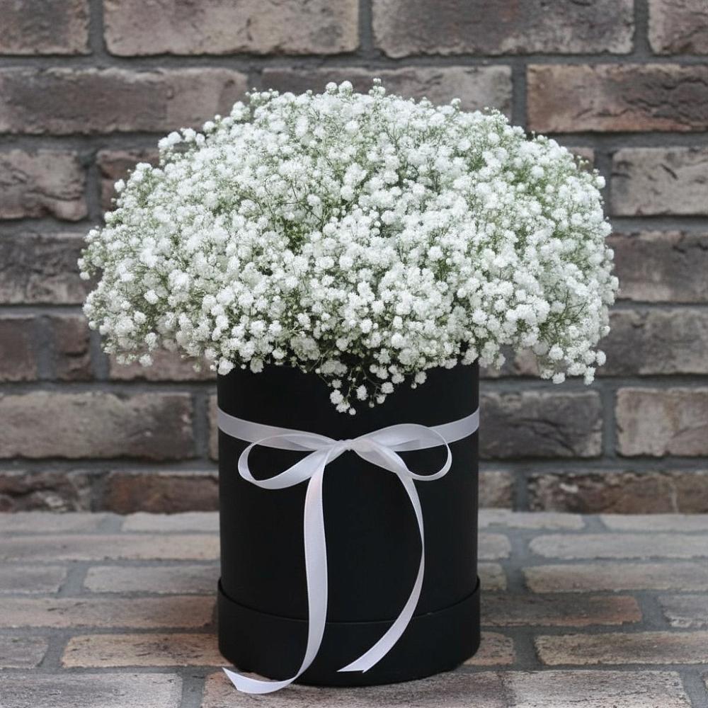 Цветочная композиция из Гипсофила в шляпной коробке в Здравнице